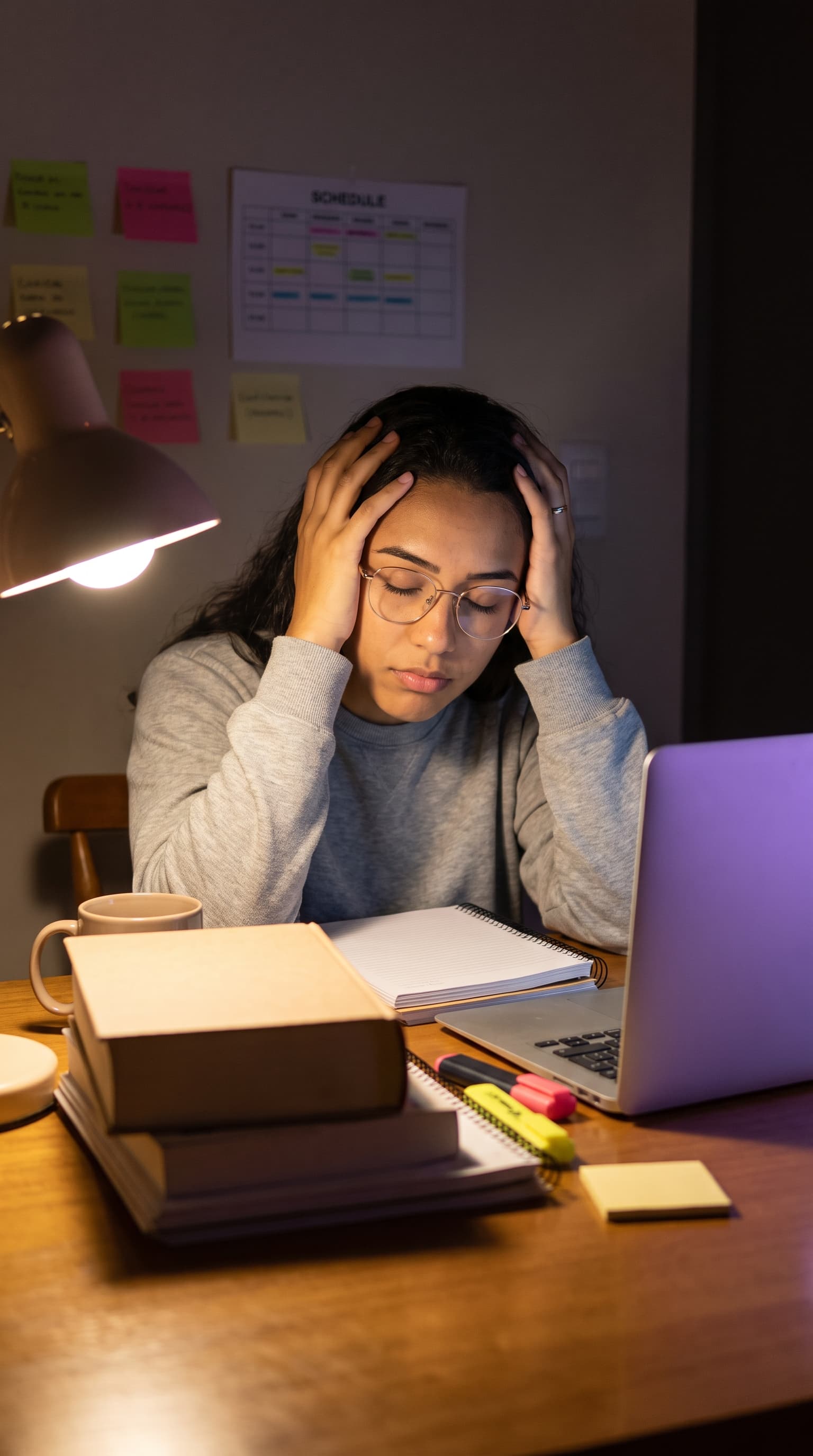 Concurseira sobrecarregada de madrugada, mãos na cabeça, cercada de livros e sem saber o que estudar