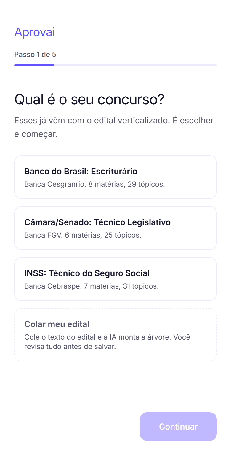 Tela de escolha do concurso no onboarding do Aprovai